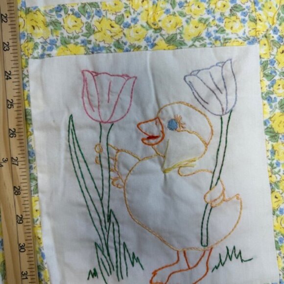 9 Panel Hand Embroidered Handsewn Baby Blanket Precious Moments Rabbit Duck Bear - Picture 10 of 12